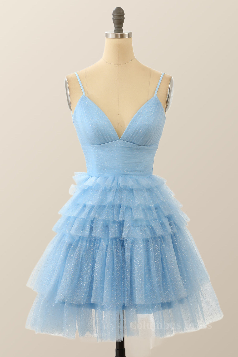 Straps Blue Tiered Ruffle Short A-line Corset Homecoming Dress outfit, Club Outfit For Women