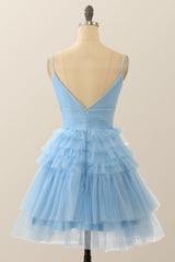 Straps Blue Tiered Ruffle Short A-line Corset Homecoming Dress outfit, Prom Dress Pink