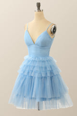 Straps Blue Tiered Ruffle Short A-line Corset Homecoming Dress outfit, Dress Aesthetic