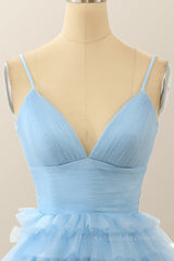 Straps Blue Tiered Ruffle Short A-line Corset Homecoming Dress outfit, Mini Dress Formal