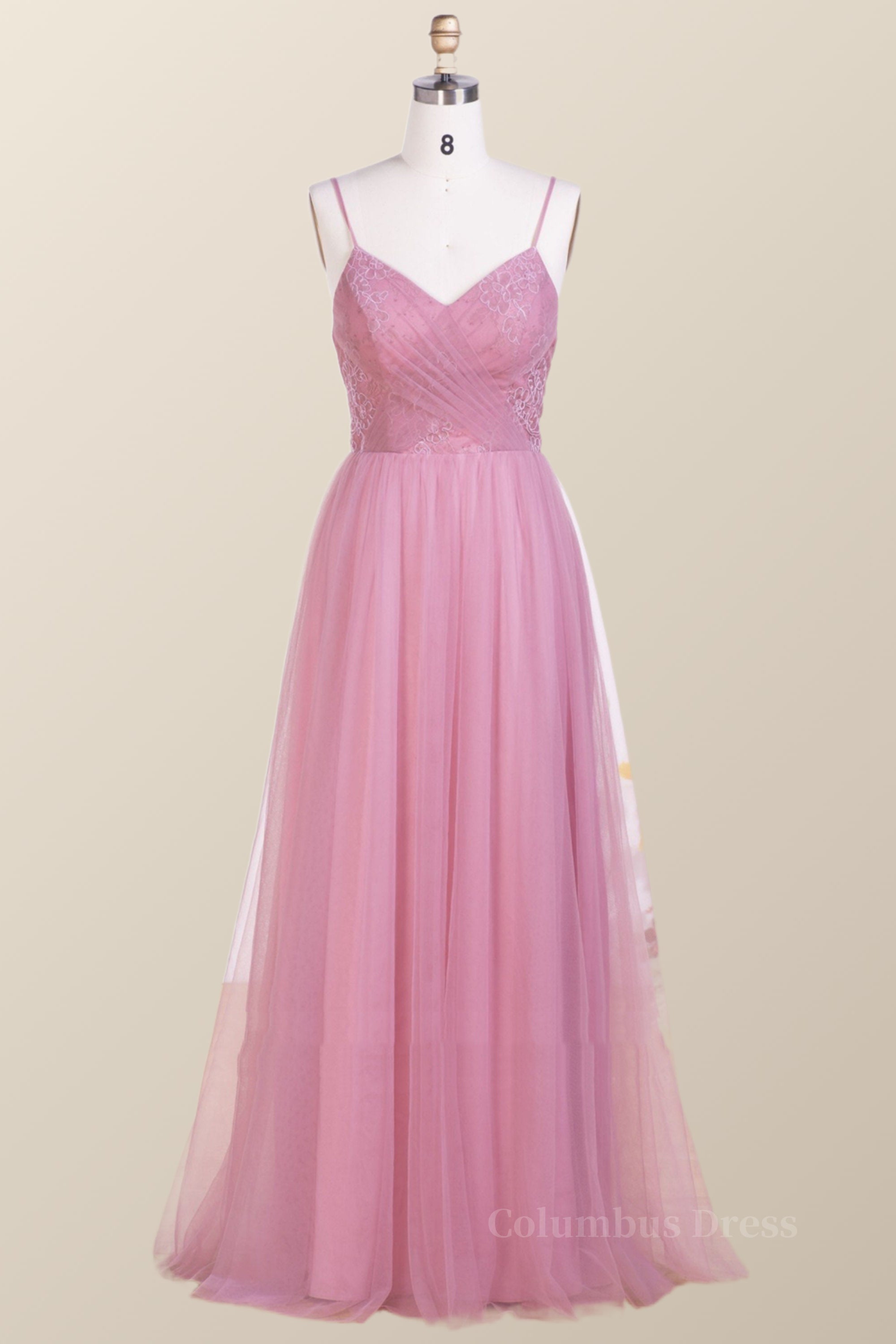 Straps Blush Pink Pleated Tulle Long Corset Bridesmaid Dress outfit, Formal Dresses Graduation