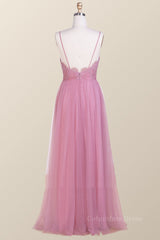 Straps Blush Pink Pleated Tulle Long Corset Bridesmaid Dress outfit, Formal Dresses And Evening Gowns