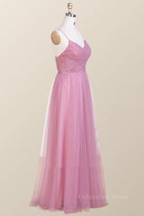 Straps Blush Pink Pleated Tulle Long Corset Bridesmaid Dress outfit, Formal Dresses Classy Elegant