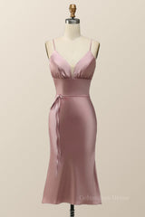 Straps Blush Pink Satin Midi Corset Bridesmaid Dress outfit, Homecoming Dress Online