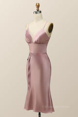 Straps Blush Pink Satin Midi Corset Bridesmaid Dress outfit, Homecoming Dresses 2025