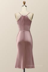 Straps Blush Pink Satin Midi Corset Bridesmaid Dress outfit, Homecoming Dress Elegant