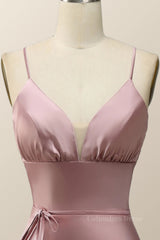 Straps Blush Pink Satin Midi Corset Bridesmaid Dress outfit, Homecoming Dresses Elegant