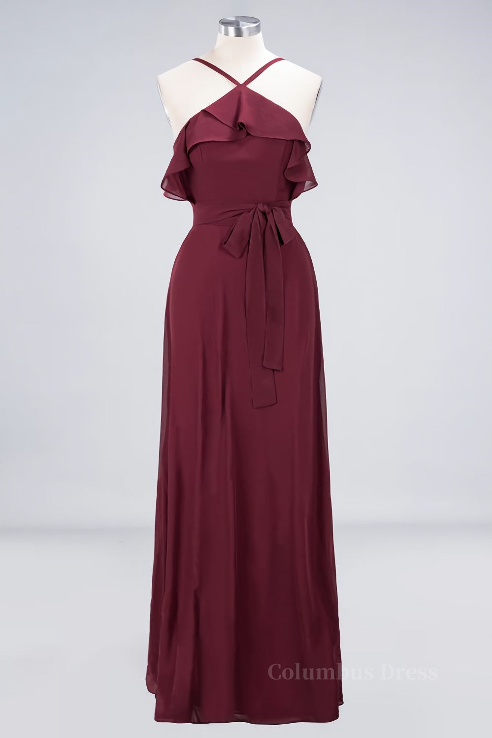 Straps Burgundy Chiffon Ruffles Long Corset Bridesmaid Dress outfit, Bridesmaid Dress Red