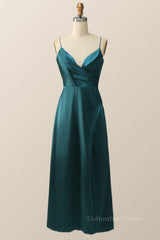 Straps Dark Green Satin Pleated Long Corset Bridesmaid Dress outfit, Prom Dresses2027
