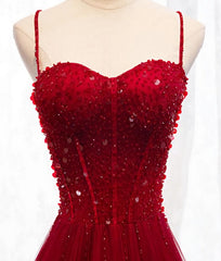 Straps Dark Red Beaded Sweetheart Long Corset Formal Dress, Junior Corset Prom Dress outfits, Homecoming Dresses Styles