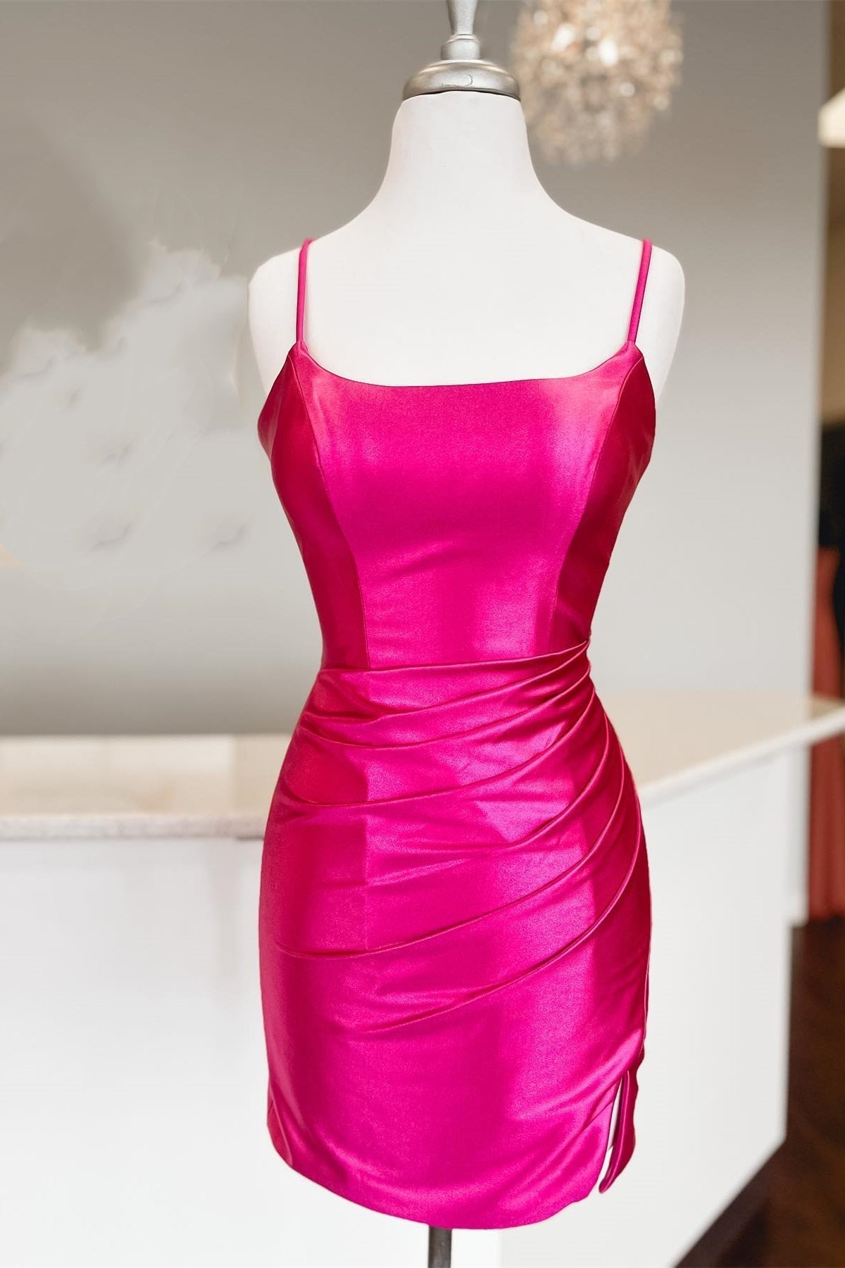 Straps Fuchsia Ruched Bodycon Corset Homecoming Dress outfit, Prom Dresses Ball Gown