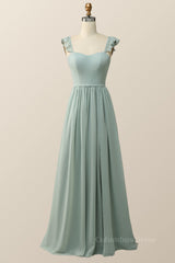 Straps Green Chiffon Long Corset Bridesmaid Dress outfit, Prom Dresses Blushes