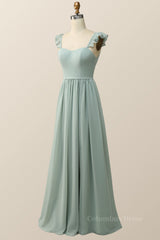 Straps Green Chiffon Long Corset Bridesmaid Dress outfit, Prom Dresses 2026 Long Sleeve