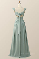 Straps Green Chiffon Long Corset Bridesmaid Dress outfit, Prom Dresses Blue Lace