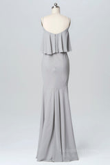 Straps Grey Mermaid Flounce Long Corset Bridesmaid Dress outfit, Bridesmaids Dress With Sleeves
