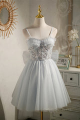Straps Grey Tulle Beaded Short Corset Homecoming Dress outfit, Prom Dresses Open Back
