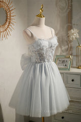 Straps Grey Tulle Beaded Short Corset Homecoming Dress outfit, Prom Dress 2024