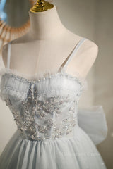 Straps Grey Tulle Beaded Short Corset Homecoming Dress outfit, Prom Dresses Princesses