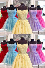 Straps Lace Applique Blue Corset Homecoming Dress,Fuchsia Cocktail Dresses outfit, Prom Dress Inspiration