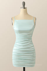 Straps Light Blue Ruched Tight Mini Dress outfit, Homecoming Dressed Short