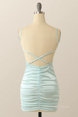 Straps Light Blue Ruched Tight Mini Dress outfit, Homecoming Dress Shopping Near Me