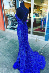 Straps Mermaid Royal Blue Sequins Long Corset Prom Dress with Slit Gowns, Wedding Photography