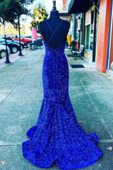 Straps Mermaid Royal Blue Sequins Long Corset Prom Dress with Slit Gowns, Flower Girl