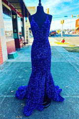 Straps Mermaid Royal Blue Sequins Long Corset Prom Dress with Slit Gowns, Bridesmaid Dress Mauve