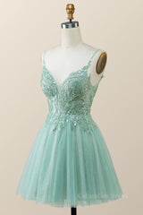 Straps Mint Green Tulle A-line Short Corset Homecoming Dress outfit, Prom Dresses Casual