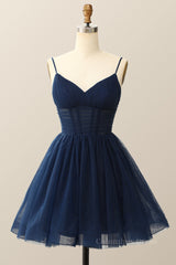 Straps Navy Blue Pleated A-line Corset Homecoming Dress outfit, Night Club Outfit