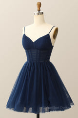 Straps Navy Blue Pleated A-line Corset Homecoming Dress outfit, Prom Aesthetic