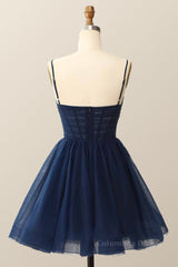 Straps Navy Blue Pleated A-line Corset Homecoming Dress outfit, Design Dress Casual