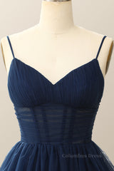 Straps Navy Blue Pleated A-line Corset Homecoming Dress outfit, Sweater Dress