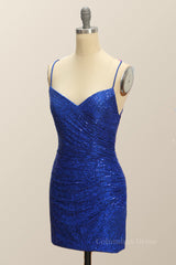 Straps Royal Blue Sequin Tight Mini Dress outfit, Party Dresses Short Tight