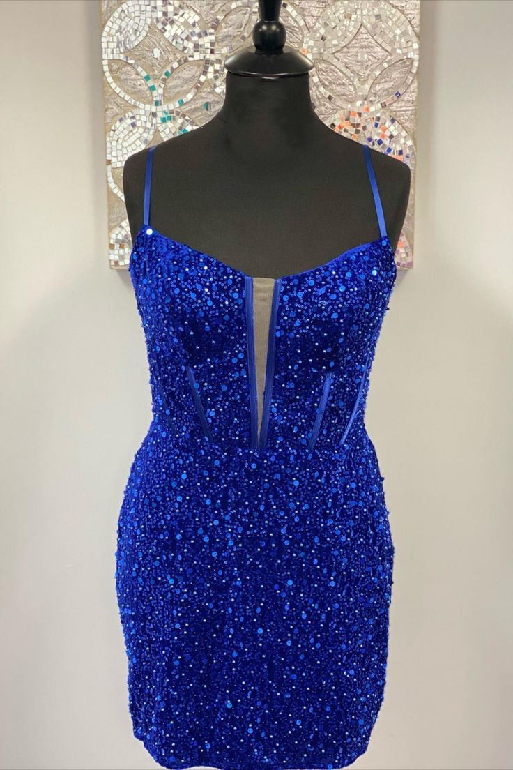 Straps Royal Blue Sequins Bodycon Corset Homecoming Dresses outfit, Bridesmaid Dresses Near Me
