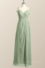 Straps Sage Green Chiffon Long Corset Bridesmaid Dress with Open Back outfit, Prom Dresses Sale
