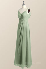 Straps Sage Green Chiffon Long Corset Bridesmaid Dress with Open Back outfit, Prom Dress Sales