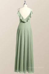Straps Sage Green Chiffon Long Corset Bridesmaid Dress with Open Back outfit, Prom Dress Red
