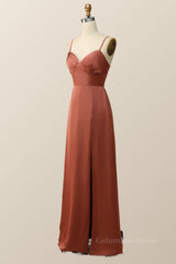 Straps Terracotta A-line Empire Long Corset Bridesmaid Dress outfit, Prom Dresses Under 55