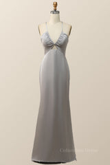 Straps V Neck Grey Boho Long Corset Bridesmaid Dress outfit, Prom Dress With Pocket