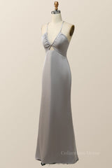 Straps V Neck Grey Boho Long Corset Bridesmaid Dress outfit, Prom Dresses With Pockets