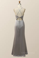 Straps V Neck Grey Boho Long Corset Bridesmaid Dress outfit, Prom Dresses Long Blue
