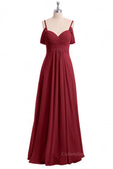 Straps Wine Red A-line Pleated Chiffon Long Corset Bridesmaid Dress outfit, Gala Dress