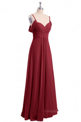 Straps Wine Red A-line Pleated Chiffon Long Corset Bridesmaid Dress outfit, Rustic Wedding Dress