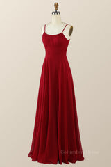 Straps Wine Red Chiffon A-line Long Corset Bridesmaid Dress outfit, Party Dress Trends