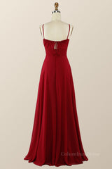 Straps Wine Red Chiffon A-line Long Corset Bridesmaid Dress outfit, Party Dresses Ladies