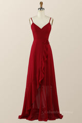 Straps Wine Red Chiffon Ruffle A-line Long Corset Bridesmaid Dress outfit, Party Dresses Online