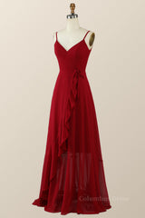 Straps Wine Red Chiffon Ruffle A-line Long Corset Bridesmaid Dress outfit, Party Dresses For Teens