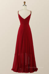 Straps Wine Red Chiffon Ruffle A-line Long Corset Bridesmaid Dress outfit, Party Dress Ideas
