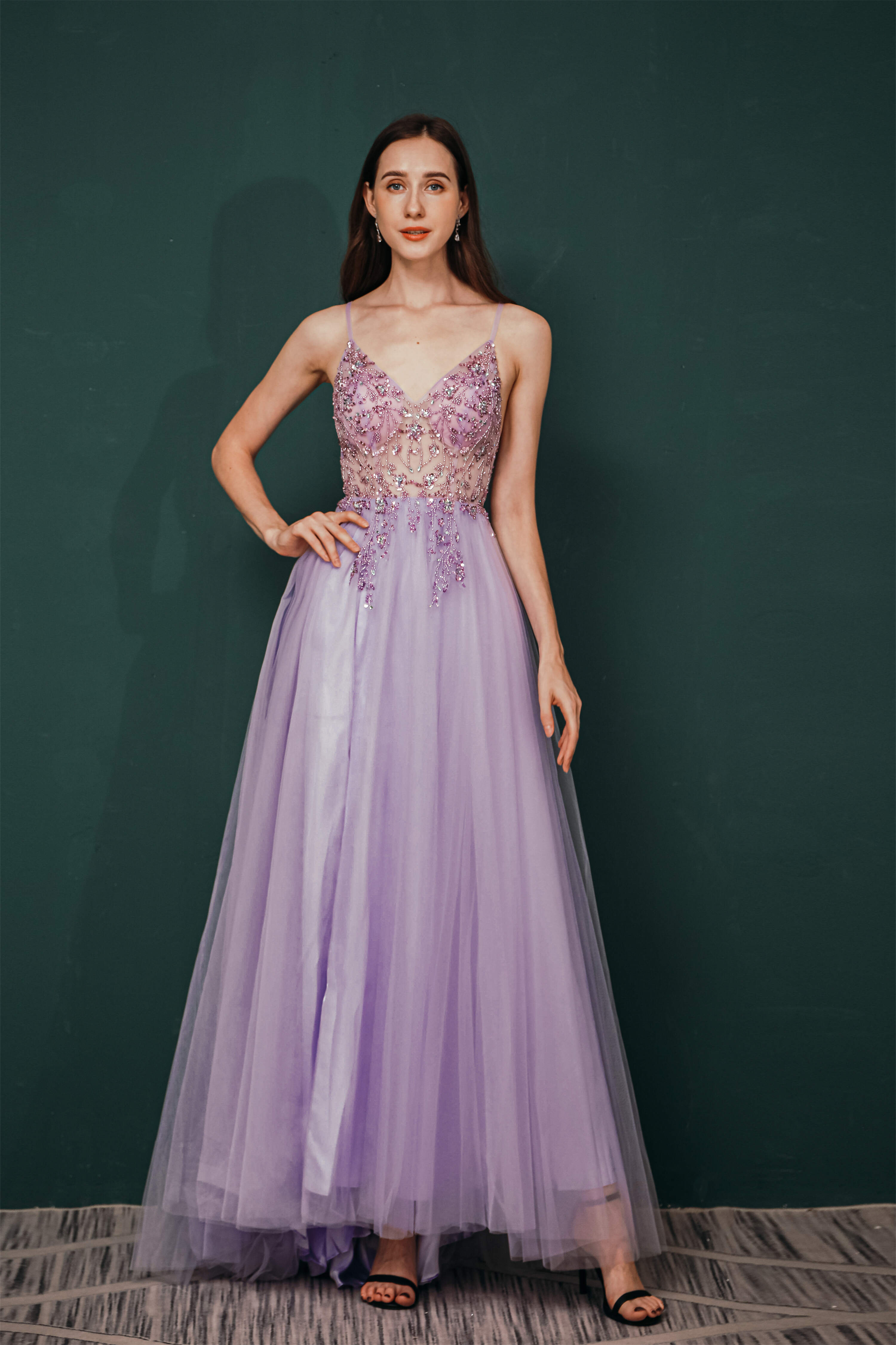 Stunning Front Split Spaghetti Straps Long A Line Beaded Corset Prom Dresses outfit, Party Dress Spring